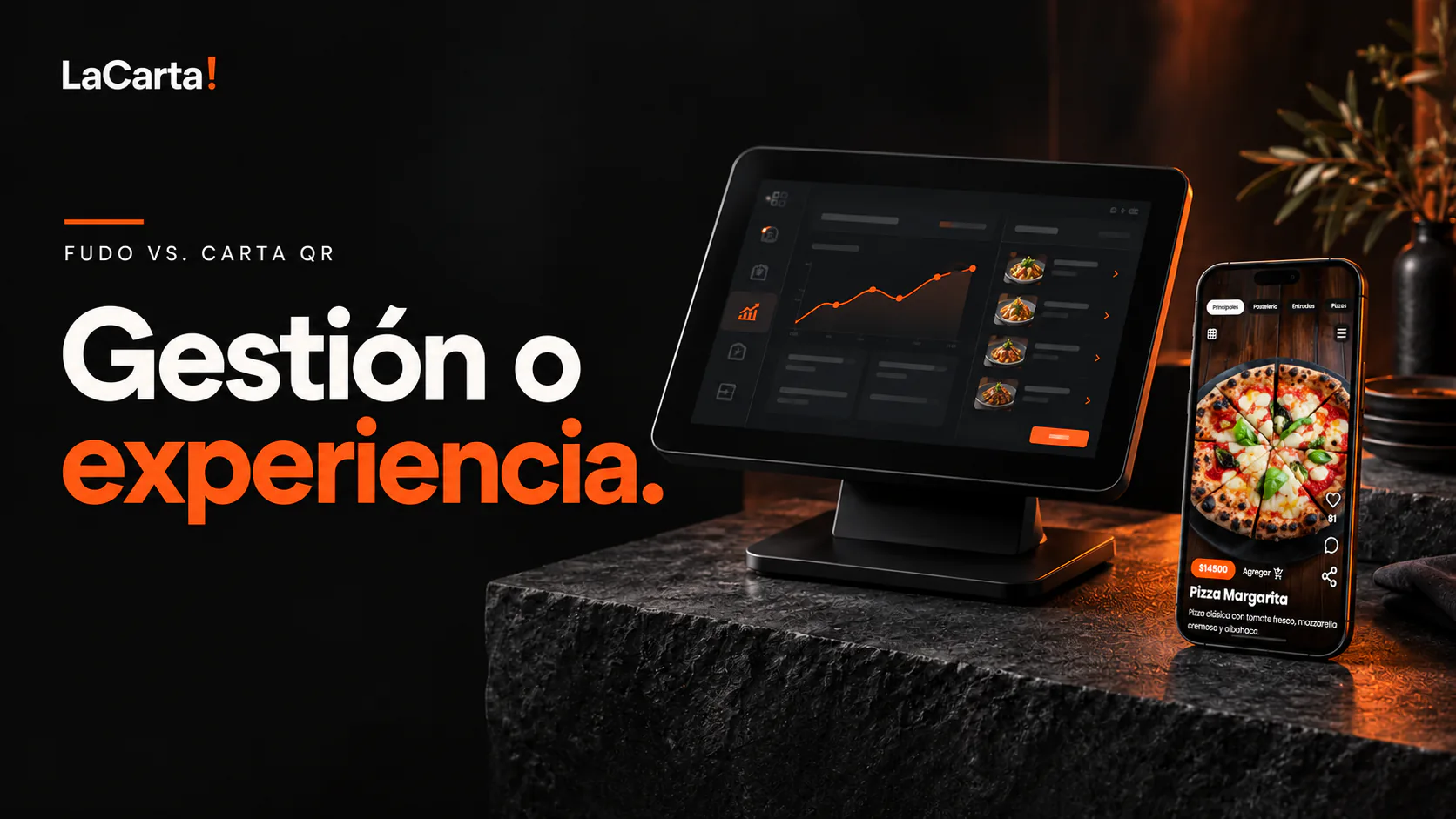 PDV vs. cardápio QR: terminal de gestão e cardápio estilo TikTok com uma pizza em tela cheia no celular