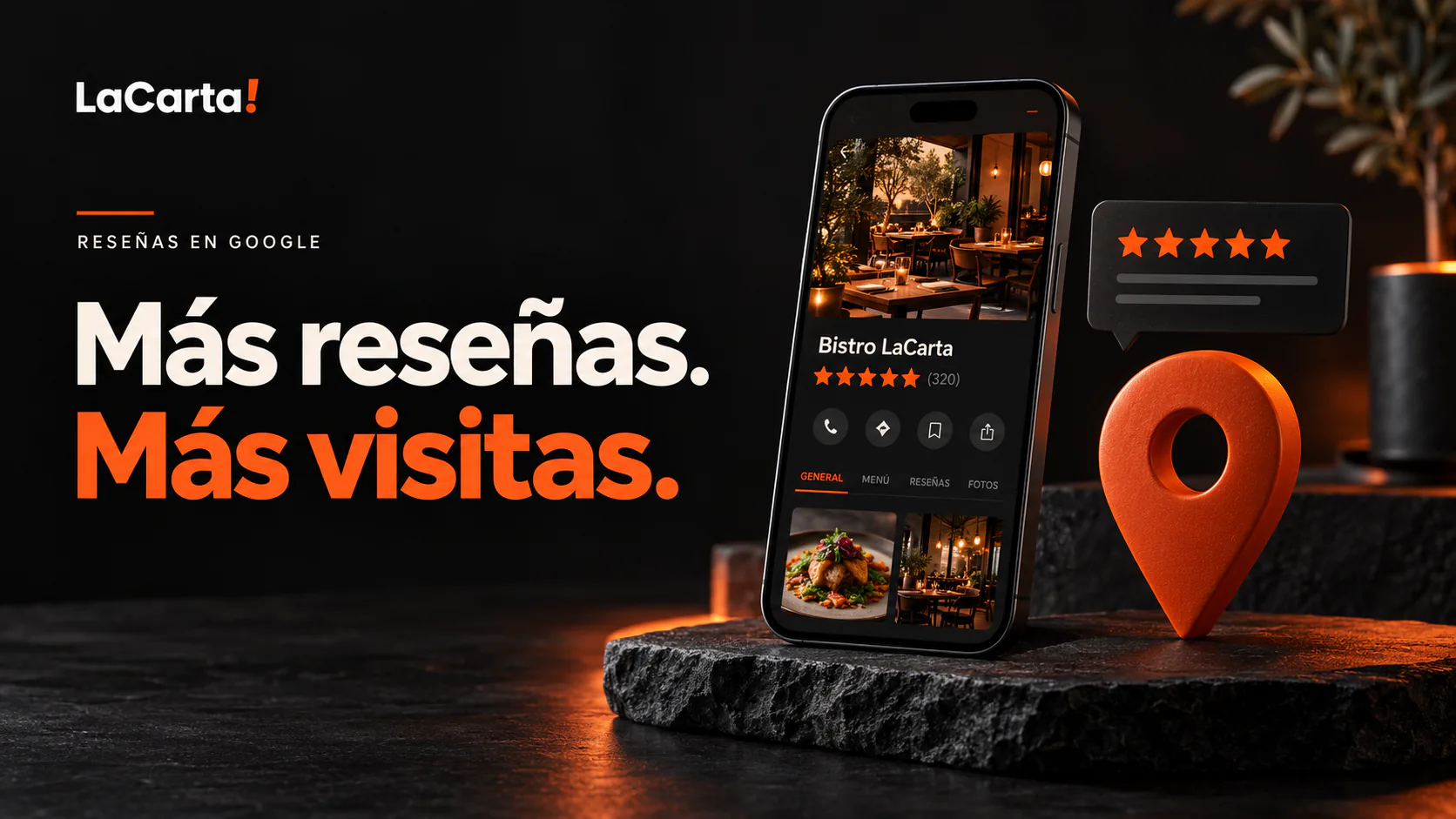 Mais avaliações, mais visitas: restaurante com cinco estrelas e um pin de localização laranja sobre fundo preto
