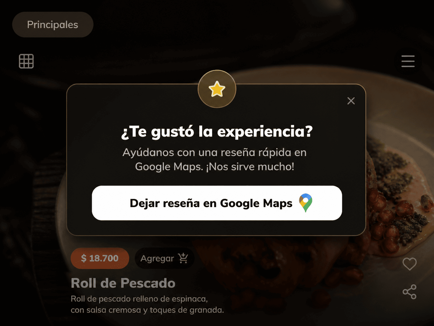 Tela do MenuTouch convidando o cliente a deixar uma avaliação no Google Maps