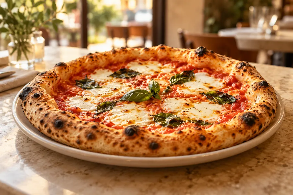 Pizza margherita recém-saída do forno com muçarela e manjericão em um restaurante